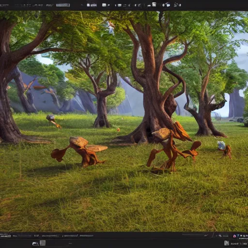 Prompt: a group of woobidoo\'s are playing with their dagnuggets by the jigidigi tree, detailed oil painting, a feeling of awe and inspiration, unreal engine 5