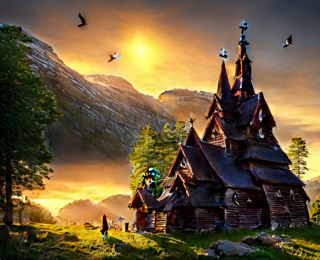 Image similar to Hopperstad Stave Church, medieval wooden church by norwegian fjord, beautiful scenery, mountains, sea, rocks, evening sunset, birds returning to their nest, a matte painting by Filip Hodas, featured on cgsociety, magical realism, matte painting, anamorphic lens flare, concept art