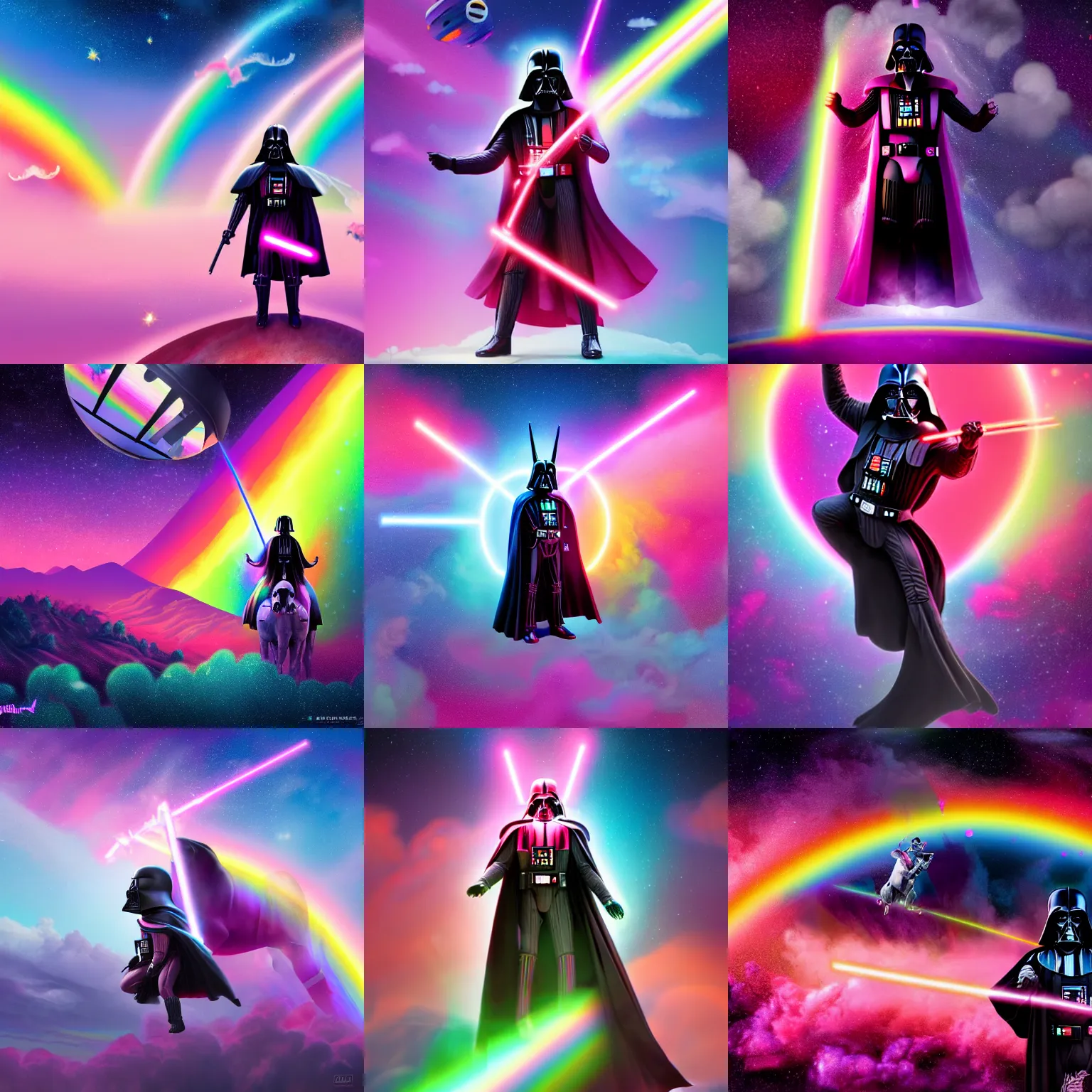 Prompt: beautiful matte painting of a rainbow colored pink darth vader wearing pink riding a unicorn over a glittering rainbow in space by lisa frank and dan mumford, octane render, HDR, vivid color, volumetric lighting, unreal engine, concept art, CGsociety, trending on artstation