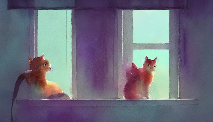 Prompt: watercolor illustration style, cute cats looking out the window, dreamy aesthetic, misty, trending on artstation, vivid colors, 8 k, filip hodas, jeremy mann