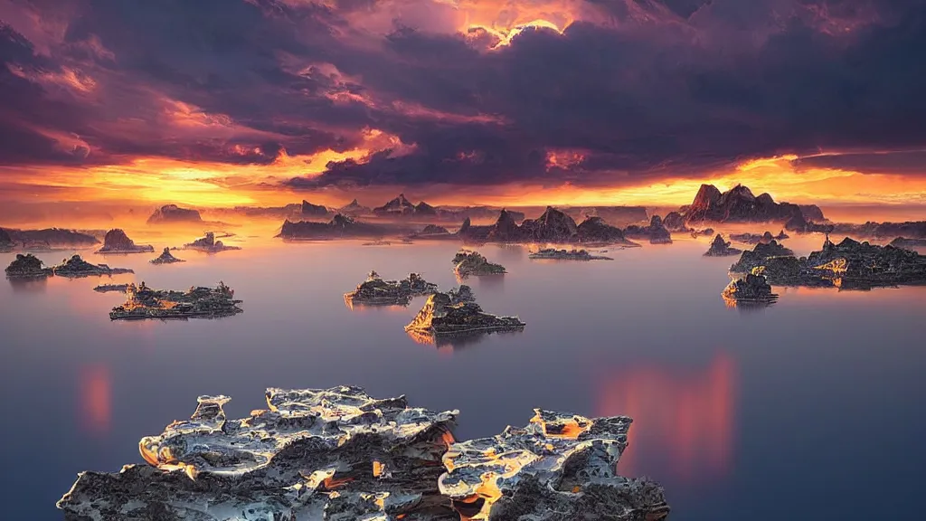 Prompt: amazing photo of floating islands in sunset by marc adamus, beautiful dramatic lighting