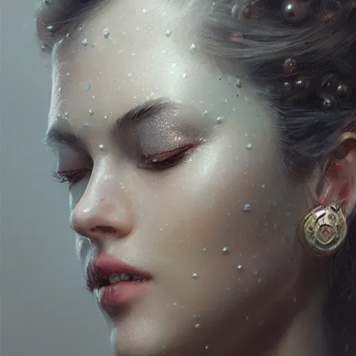 Prompt: a woman with pearls replacing eyes and glittering skin, a detailed painting by greg rutkowski and raymond swanland, featured on cgsociety, fantasy art, detailed painting, artstation hd, photorealistic