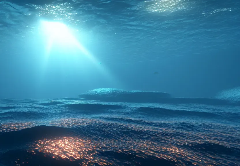 Image similar to ambient rays in the depths of the ocean, fish and corals barely visible, raytracing, unreal engine, nature, caustics, artstation