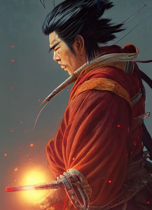 Image similar to Highly detailed portrait of sekiro samurai, Stephen Bliss, unreal engine, fantasy art by Greg Rutkowski, Loish, Rhads, ferdinand knab, Makoto Shinkai and Lois van baarle, ilya kuvshinov, rossdraws, Tom Bagshaw, alphonse mucha, global illumination, radiant light, detailed and intricate environment