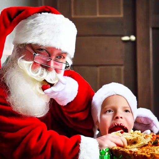 Image similar to santa unhinging his jaw while eating a child