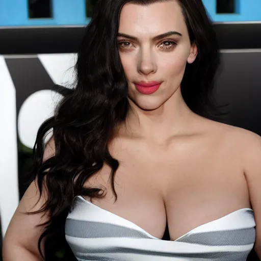 Image similar to a woman who is a genetic combination of kim kardashian and kat dennings and scarlett johansson and margot robbie and emma watson, face and upper - body focus, detailed eyes