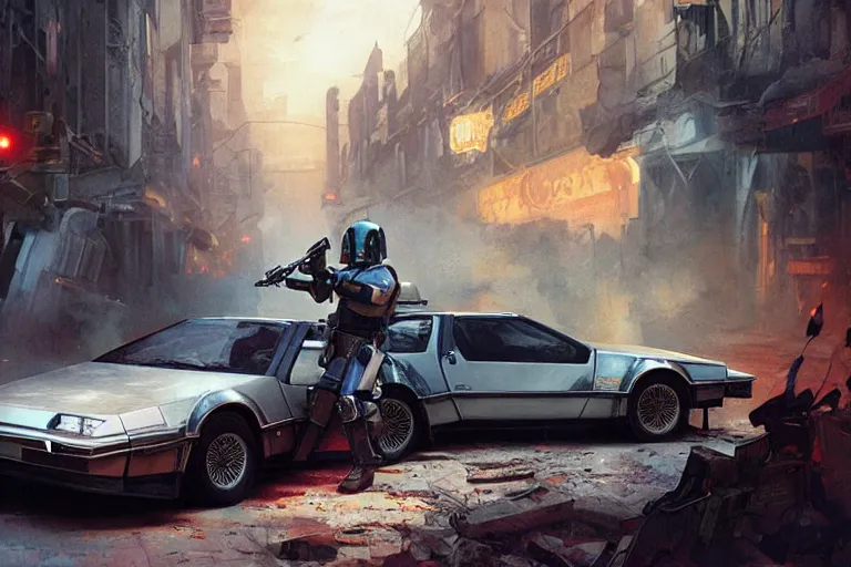 Prompt: photograph of the mandalorian entering a delorean driving down the streets of a cyberpunk abandoned city, back to the future, by greg rutkowski, by stanley artgerm, by alphonse mucha