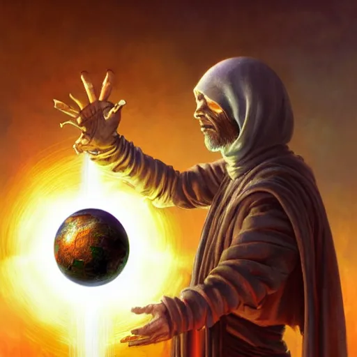 Image similar to male nomad wearing a cloak on an alien world and holding a holographic planet projection in his hand, covered face, detailed, sci - fi, digital painting, artstation, sharp focus, illustration, artgerm, tomasz alen kopera, peter mohrbacher, donato giancola, joseph christian leyendecker, wlop, frank frazetta