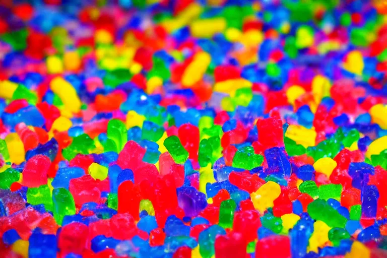 Image similar to desert oasis made of gummy candy, 8 5 mm bright - light photography,