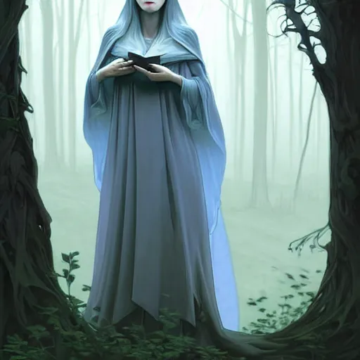 Image similar to wide angle, cloaked woman, sleeping on base of tree, white grey blue color palette, eyes closed, forest, female, d & d, fantasy, intricate, elegant, highly detailed, long brown hair, digital painting, artstation, octane render, concept art, matte, sharp focus, illustration, hearthstone, art by artgerm, alphonse mucha johannes voss