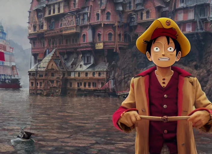 Prompt: a film still of cosplay of luffy the pirate in the grand budapest hotel ( 2 0 1 4 ), artwork by craig mullins, octane, unreal, trending on art station