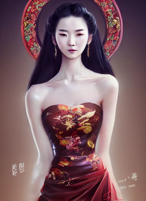 Image similar to beautiful chinese fashion goddness, strapless dress, character portrait in the style of thomas river and artgerm, wlop, cinematic lighting, hyperdetailed, 8 k realistic, symmetrical, global illumination, radiant light, halo, love and mercy, frostbite 3 engine, cryengine, dof, trending on artstation, digital art, chanel