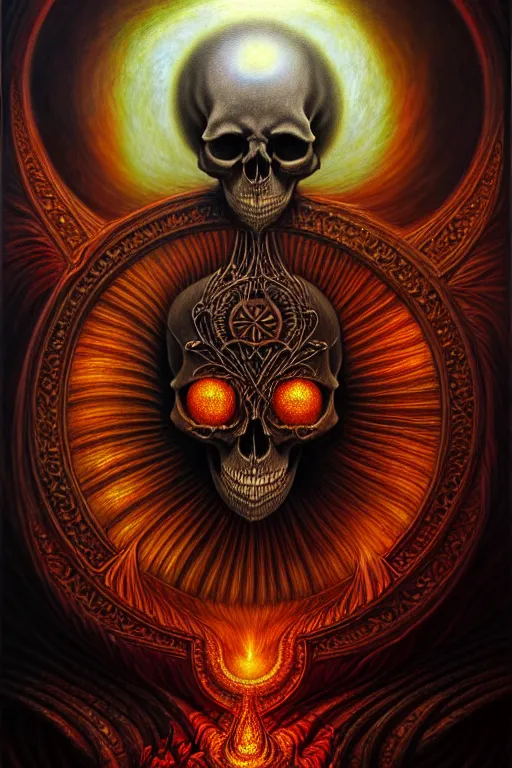 Prompt: A beautiful detailed deeath sun godness, tarot card, by tomasz alen kopera and Justin Gerard, symmetrical features, ominous, magical realism, texture, intricate, ornate, royally decorated, skull, skeleton, whirling smoke, embers, red adornements, red torn fabric, radiant colors, fantasy, trending on artstation, volumetric lighting, micro details, 3d sculpture, ray tracing, 8k, anaglyph effect