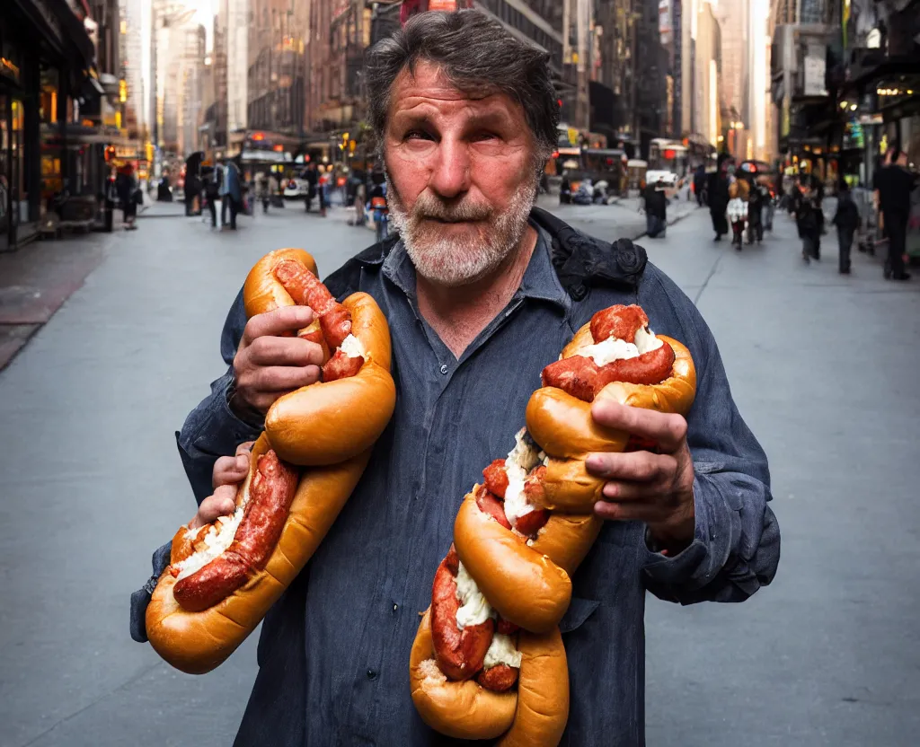 Image similar to closeup portrait of a man carrying a giant hotdog, smoky new york back street, by Annie Leibovitz and Steve McCurry, natural light, detailed face, CANON Eos C300, ƒ1.8, 35mm, 8K, medium-format print