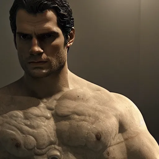 Image similar to henry cavill as as a baroque marble statue, hyper realistic, unreal render engine, studio shot, dynamic light, gallery