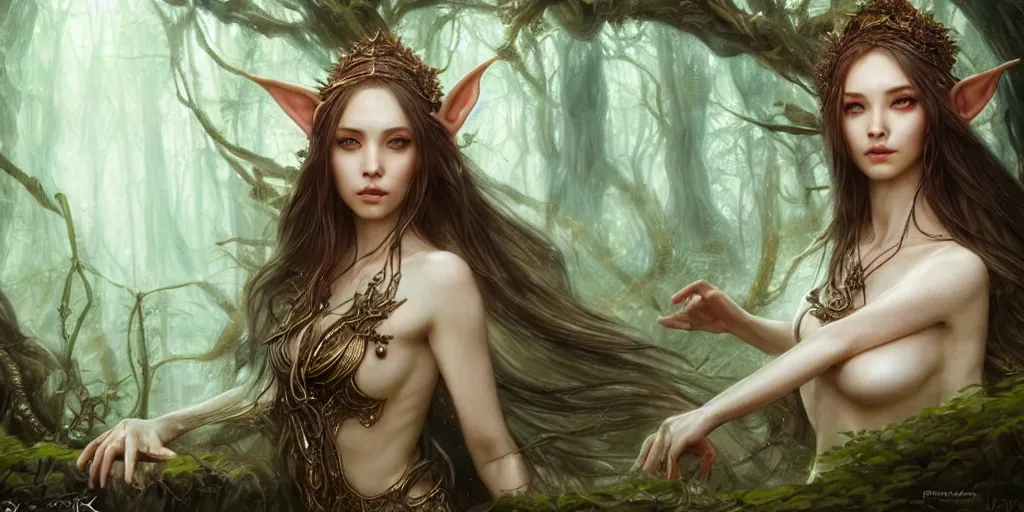 Image similar to a portrait of a female elf sorceress bathing in a forest lake by karol bak and jia ruan, beautiful detailed eyes, cute, fantasy, intricate, elegant, highly detailed, digital painting, 4 k, hdr, concept art, detailed jewelry, smooth, sharp focus, illustration, art by artgerm