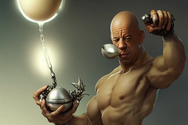 Prompt: silver egg cup, vin diesel head in egg cup, hyper detailed, digital art, artstation, cinematic lighting, studio quality, smooth render, by peter mohrbacher, hajime sorayama, boris vallejo, craig mullins, artgerm