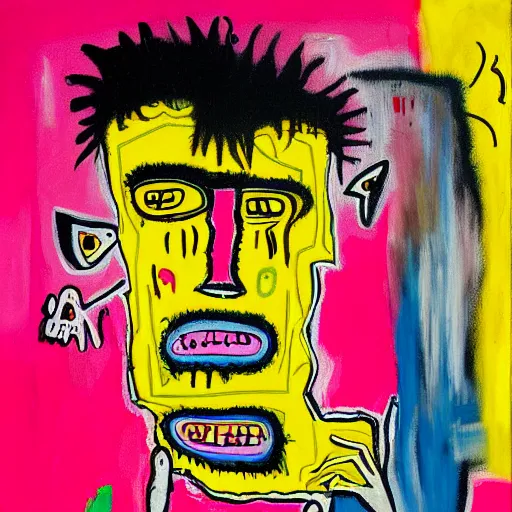 Image similar to pink and yellow and red detailed neo expressionism oil painting of sad boy rapper crying with tattoos by basquiat