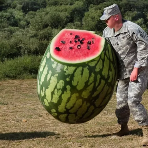 Image similar to The military was called in to try to stop the giant watermelon, but their weapons had no effect on it. The watermelon just kept coming, smashing everything in its path. , Film scene