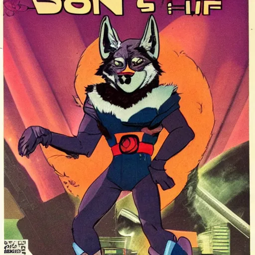 Image similar to 1 9 8 0 s comic book cover scan featuring a portrait of villain male wolf o'donnell anthropomorphic wolf furry fursona from starfox wearing a dark space mercenary uniform, dark grey wolf, handsome eyes, wolf o'donnell