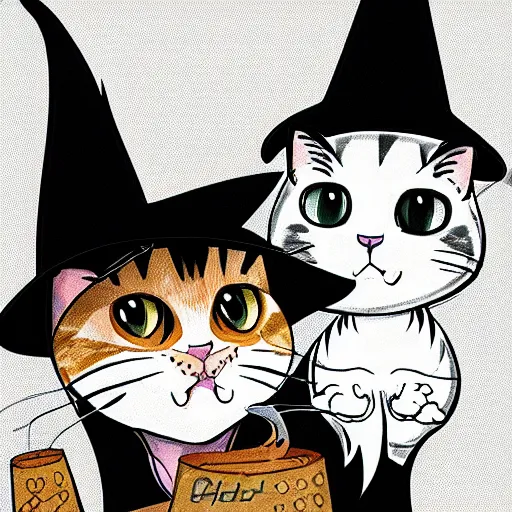 Image similar to drawing of a cat using witch hat. cartoon. cute. anime style.