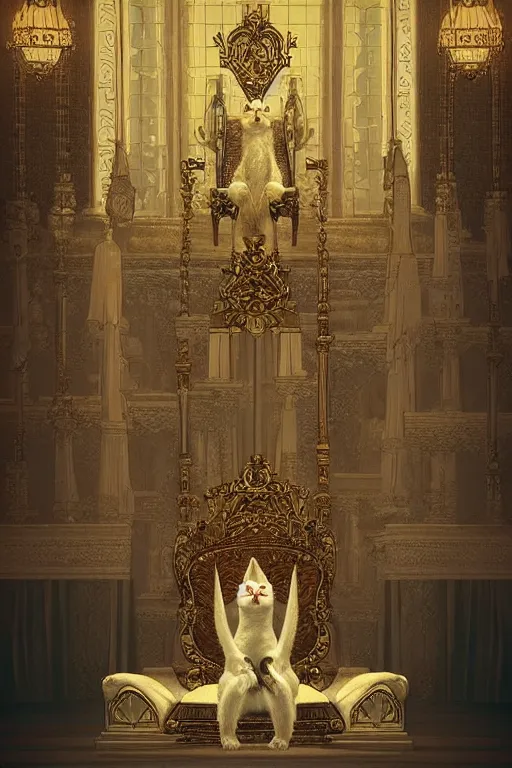 Prompt: “White cat is sitting on a throne in the royal palace in front of a crowd of worshipping humans. Retro colors. Detailed. Cinematic lighting. Artstation”