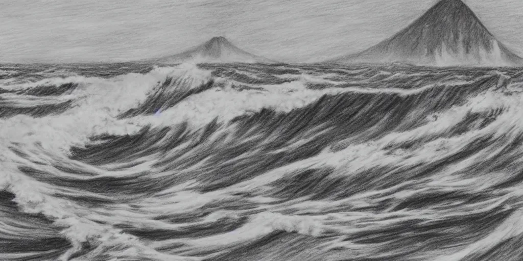 Prompt: a drawing of a tsunami hitting san francisco, realism, 3 d, terror, intense,