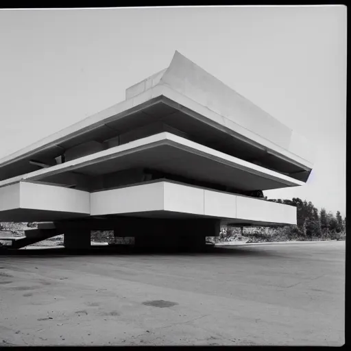 Image similar to second story cantilevered white brutalist office on top of 2 large piers, large windows, elegant, white stone, proportion, golden ratio, epic composition, steel window mullions, cars parked underneath, 1 6 : 9