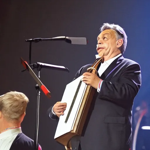 Image similar to viktor orban giving his last concert, concert photography