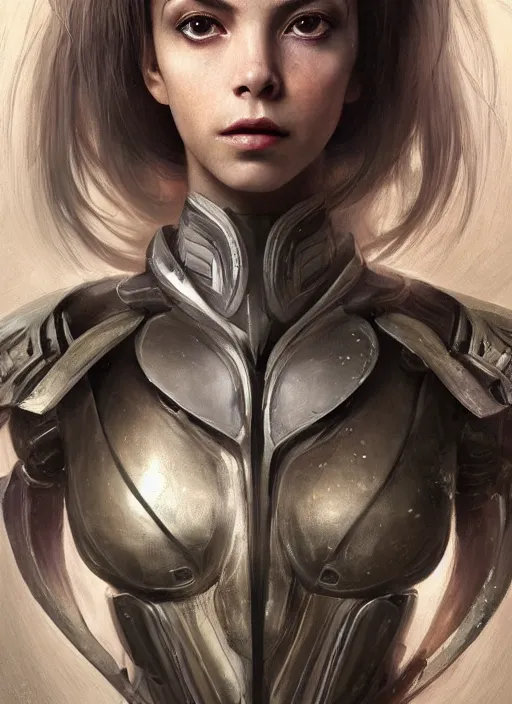 Image similar to a professional painting of a beautiful young female alien, clothed in ethereal armor, olive skin, long dark hair, beautiful bone structure, symmetrical facial features, intricate, elegant, digital painting, concept art, smooth, sharp focus, illustration, from Valerian and the City of a Thousand Planets, by Ruan Jia and Mandy Jurgens and Artgerm and William-Adolphe Bouguerea