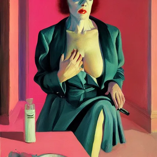 Prompt: Portrait of a diva wearing a pink shiny robe with fur , very coherent, painted by Edward Hopper, Wayne Barlowe, painted by James Gilleard, airbrush, art by JamesJean