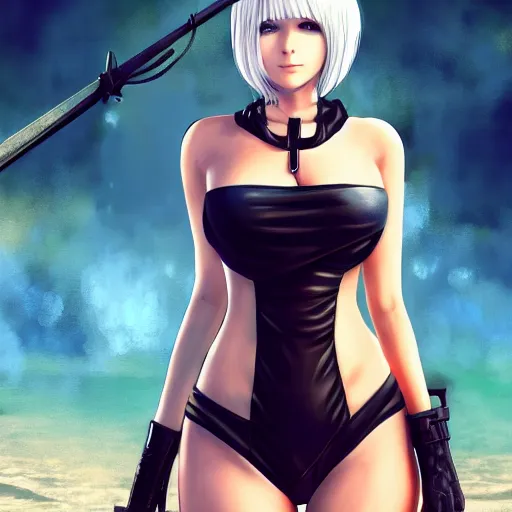 Image similar to full body portrait of 2B nier automata wearing a bikini, fantasy art by Thomas romain, safe for work, trending on artstation, artstationHD, artstationHQ