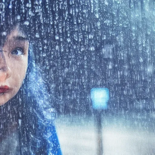 Prompt: highly detailed portrait of a sad figure looking up with shifting shades of blue hair standing in a downpour, bus station, late at night 4k resolution, inspired by Studio Ghibli, bokeh