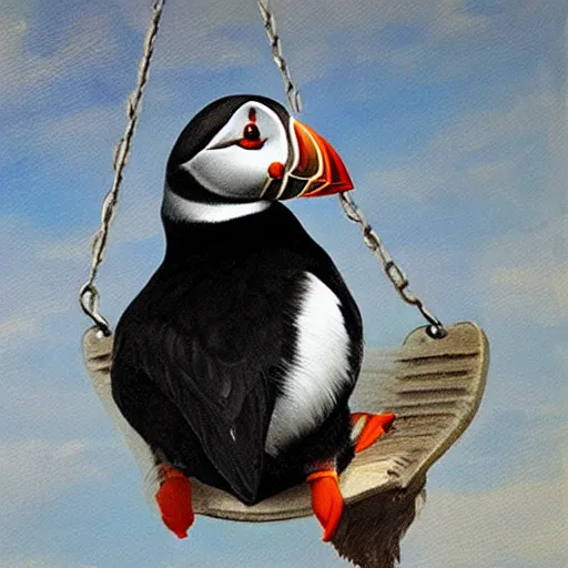 Image similar to realistic puffin sitting on a big swing, hyper detailed, trending on artstation