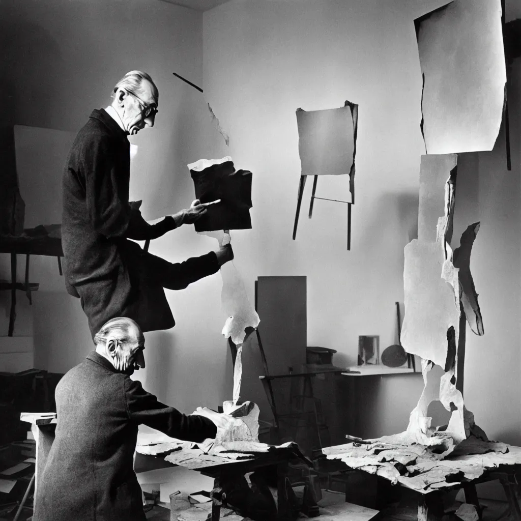 Image similar to a long exposure shot of Marcel Duchamp working on a readymade object, archival pigment print