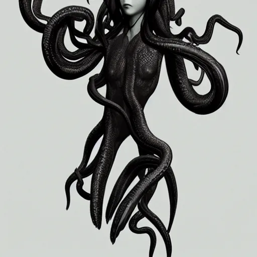 Image similar to eerie asian female elf made of nacre, lovecraftian black smoky tentacles growing, octane rendering