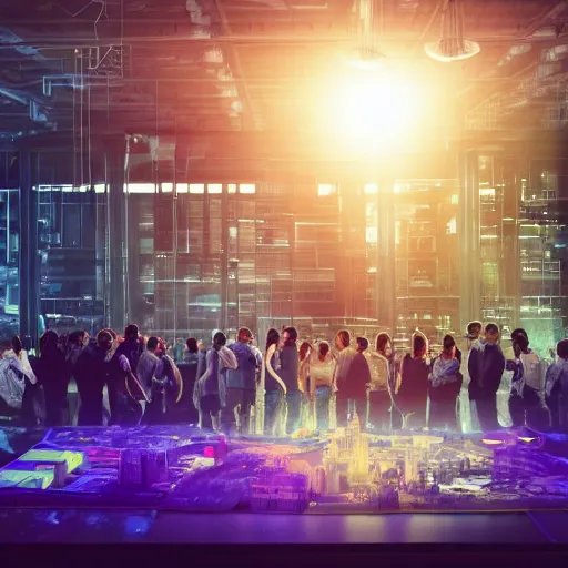 Image similar to large group people in a warehouse, looking at hologram of futuristic city on a table, cinematic concept art, godrays, golden hour, natural sunlight, 4 k, clear details, tabletop model buildings, tabletop model, hologram center, drone perspective