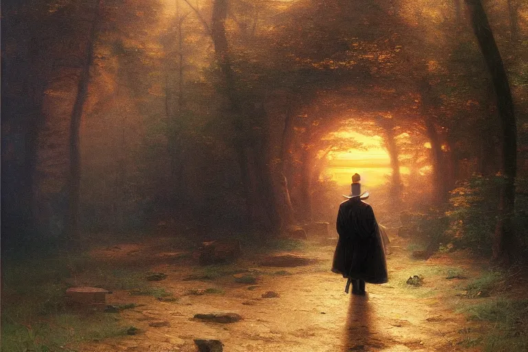 Image similar to a time traveler walking through a portal in toyko, very detailed, oil painting, cinematic lighting, albert bierstadt, trending on artstation, colorful, canvas, sunset, hans dahl