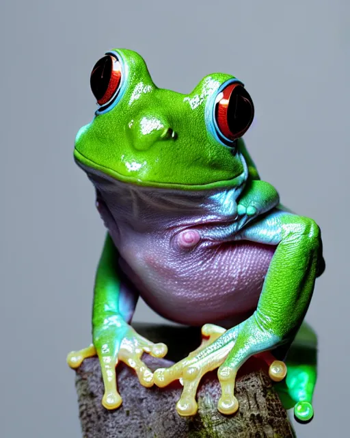 Image similar to natural light, soft focus portrait of a cyberpunk anthropomorphic tree frog with soft synthetic pink skin, blue bioluminescent plastics, smooth shiny metal, elaborate ornate jewellery, piercings, skin textures, by annie leibovitz, paul lehr