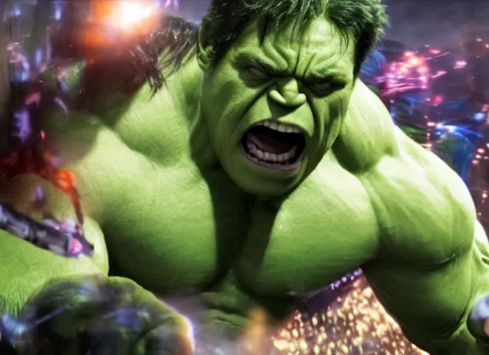 Prompt: film still of hulk bedazzling a shirt in the new avengers movie, 4 k