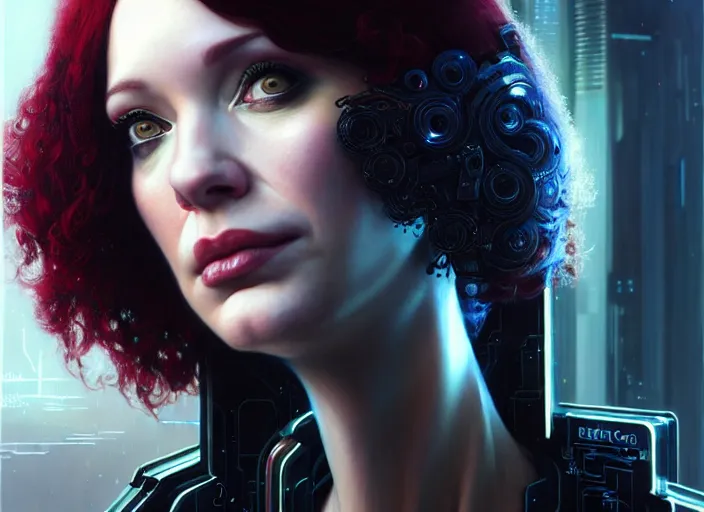 Image similar to portrait shot of a christina hendricks wearing cyberpunk clothing in cyberpunk 2 0 7 7, intricate, elegant, highly detailed, centered, digital painting, artstation, concept art, smooth, sharp focus, illustration, artgerm, tomasz alen kopera, peter mohrbacher, donato giancola, joseph christian leyendecker, wlop, boris vallejo