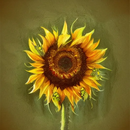 Prompt: a sad sunflower on a rainy day, in a symbolic and meaningful style, trending on artstation