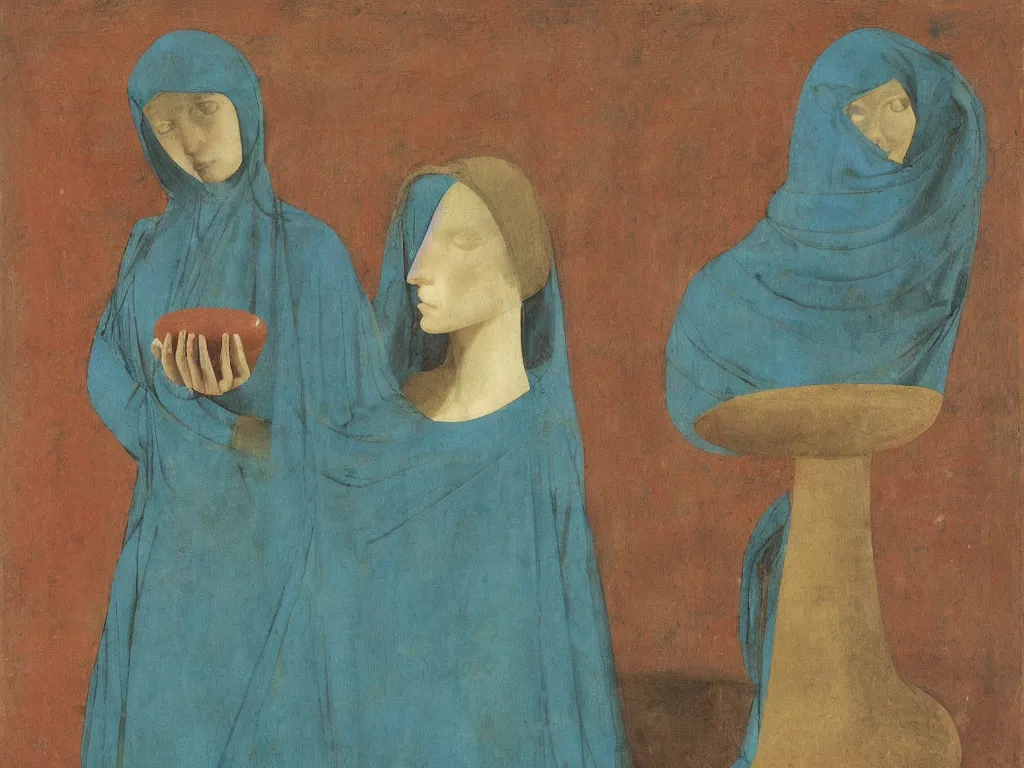 Image similar to woman with niqab, vase, amphora, jug, conch shell. lapis - lazuli, turquoise, malachite, cinnabar, earth brown. painting by piero della francesca, balthus, agnes pelton