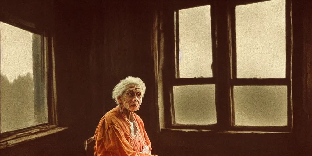 Image similar to portrait bust of old woman sitting at table, hands in pockets, looking outside, tired expression, faded color film, russian cinema, tarkovsky, technicolor, inside old cabin, next to window, heavy forest outside, long brown hair, old clothing, heavy fog, brown color palette, sunset, low light, hudson river school, 4 k, dramatic lighting