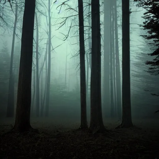 Image similar to Foggy forest at night, a dark and mysterious creature lurking in the distance, cinematic