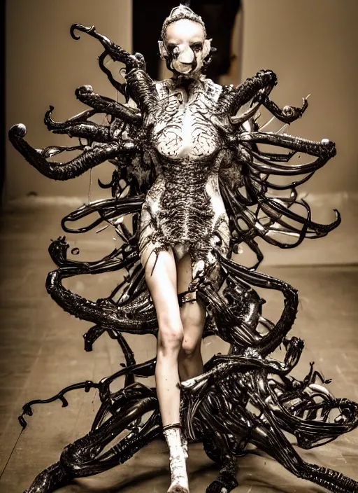 Image similar to walking down the catwalk, ben watts, show, stage, vogue photo, podium, fashion show photo, historical baroque dress dark, iris van herpen, beautiful woman, masterpiece, intricate, biopunk, vogue, full body shot, alien, plant predator, guyver, jellyfish, white biomechanical details, highly detailed