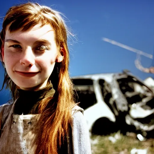 Image similar to close up headshot of a swiss teen as a skinny high-fantasy elf with a long face narrow chin and spiky blonde hair wearing dark brown overalls and holding a bomb next to a destroyed car, high resolution film still, HDR color