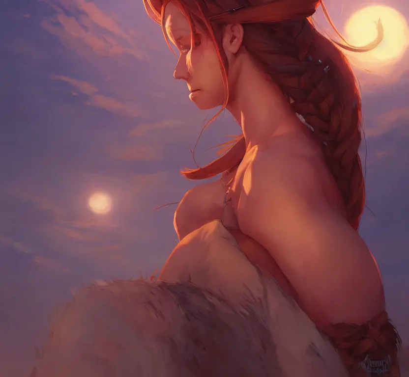 Prompt: long ginger hair, tanned woman in a prehistoric outfit, by artgerm, hair tied in a ponytail, soft lighting, night scene, by greg rutkowski makoto shinkai takashi takeuchi