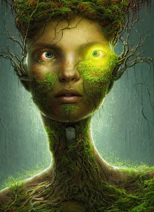 Image similar to Portrait of an Ancient Robot with a tree growing out of her head, patches of moss, translucent leaves, extremly detailed digital painting, in the style of Tomasz Alen Kopera and Fenghua Zhong and Peter Mohrbacher, mystical colors, rim light, beautiful lighting, 8k, stunning scene, raytracing, octane, trending on artstation