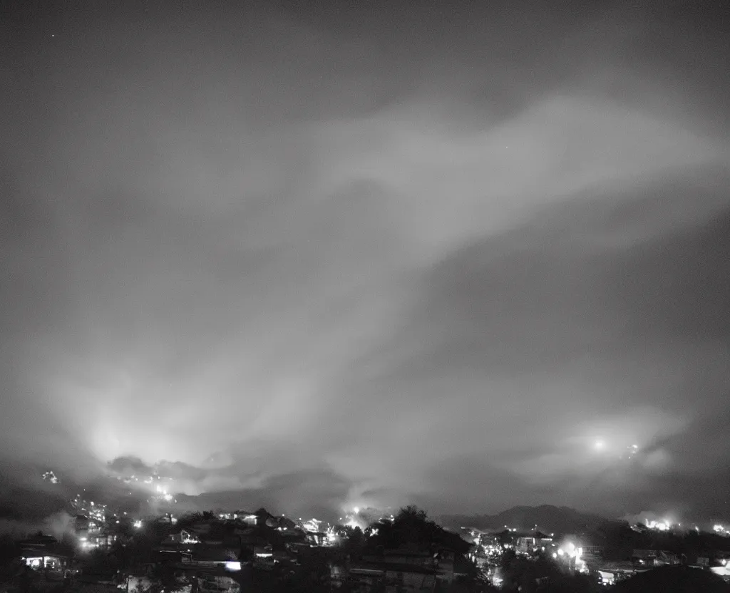 Prompt: 3 5 mm film of explosion in the sky, view from a korean traditional village, camera pans upwards, 4 k, night, fog